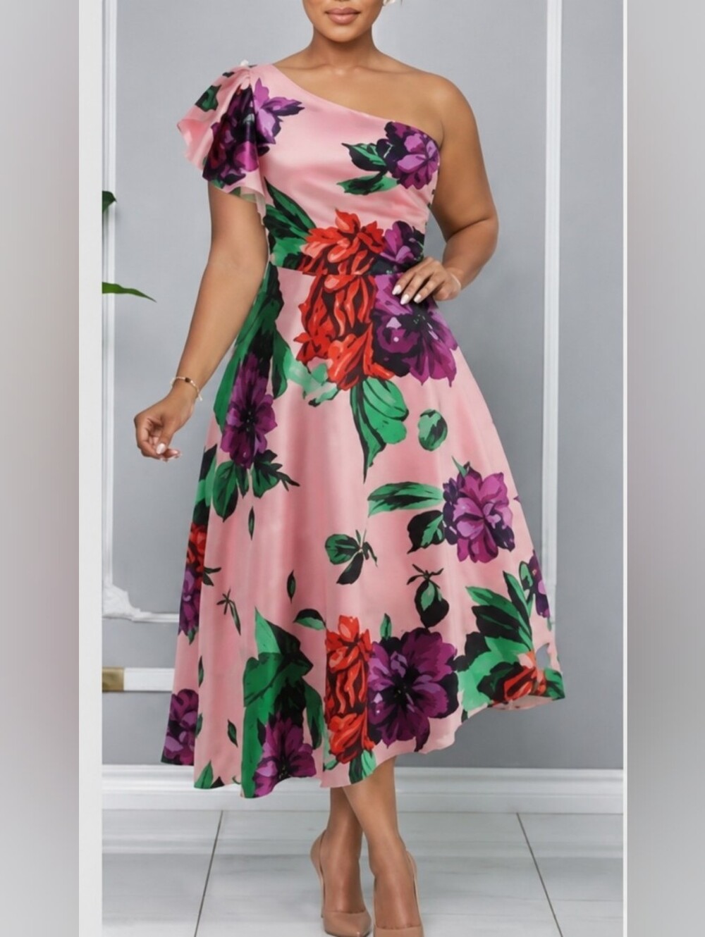 Pink Floral One Shoulder Midi Dress Large Satin Ruched Side Wedding Guest Party